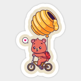 Cute Bear Riding Bicycle With Honeycomb Balloon Cartoon Sticker